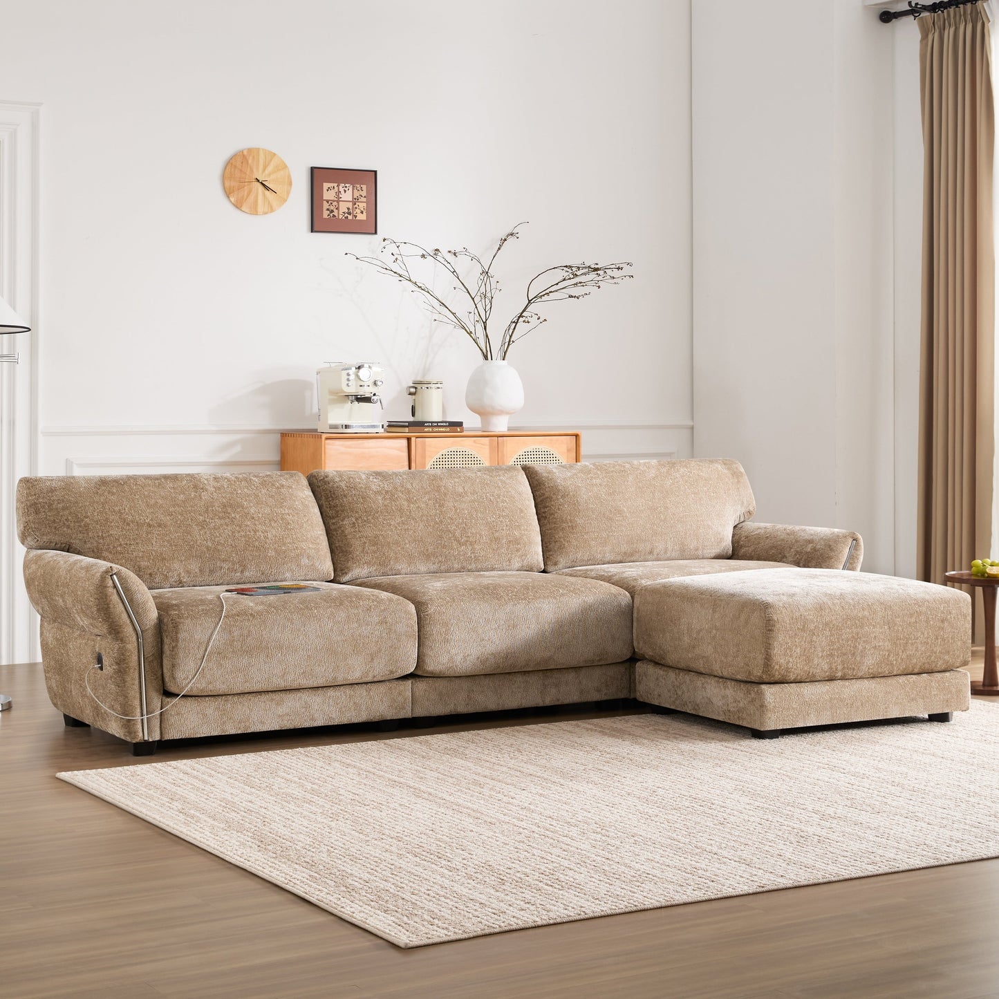 110 Inch L-Shaped Chenille Sectional Sofa with USB and Type-C Charging, Petal Armrests, Movable Ottoman for Living Room