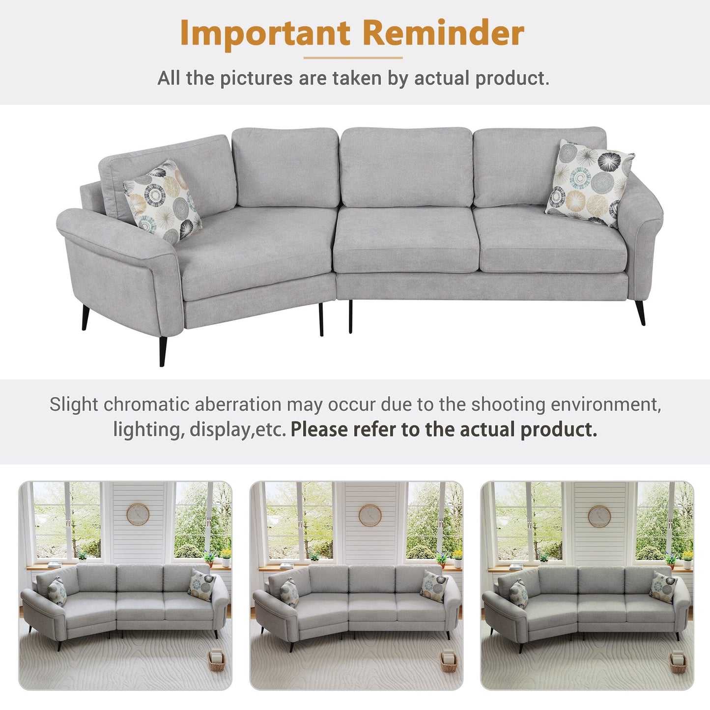 111 3 Seater Sofa Couch, Chenille Curved Sofa Couch with 2 Printed Pillows Modern Upholstered Sofa for Living Room