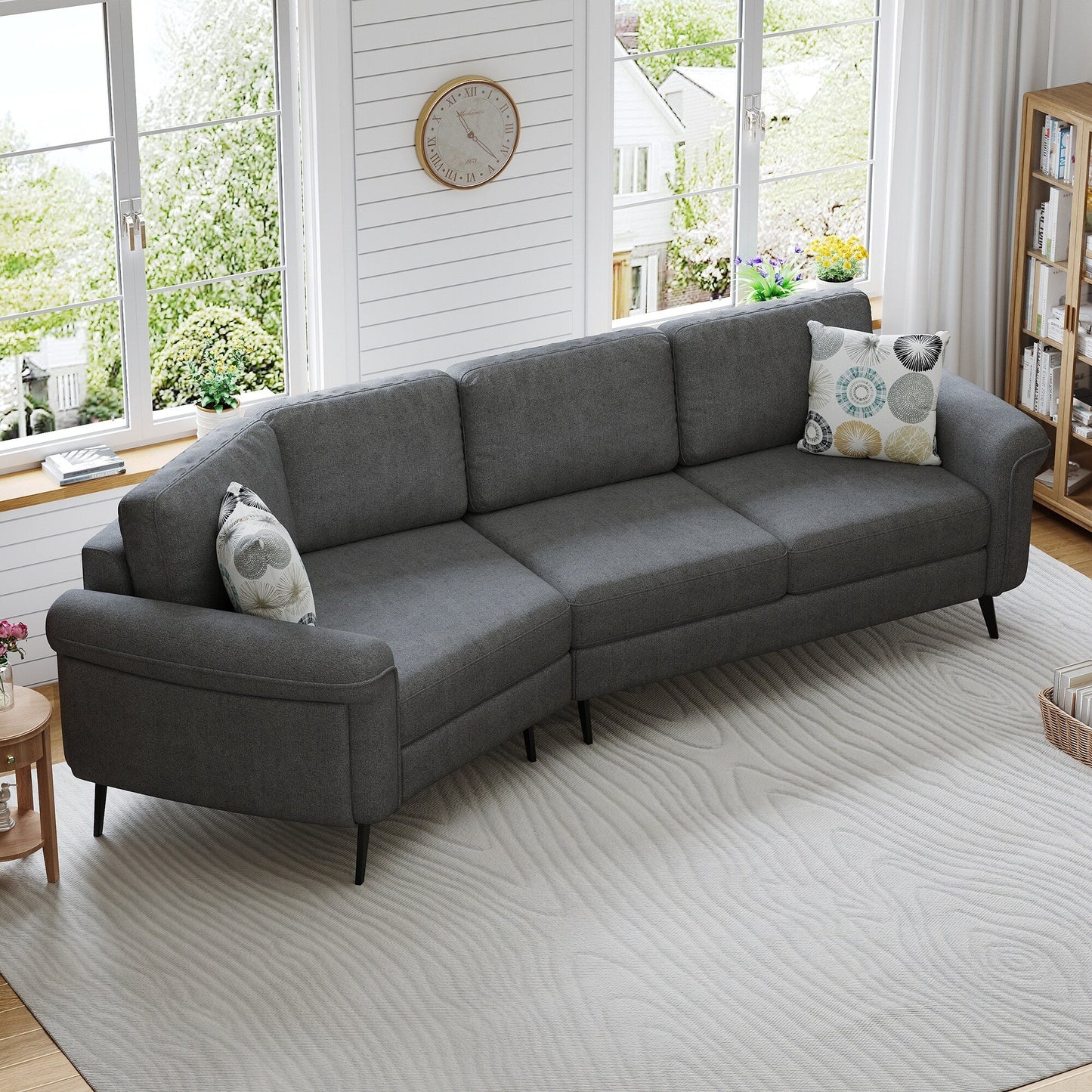 111 3 Seater Sofa Couch, Chenille Curved Sofa Couch with 2 Printed Pillows Modern Upholstered Sofa for Living Room