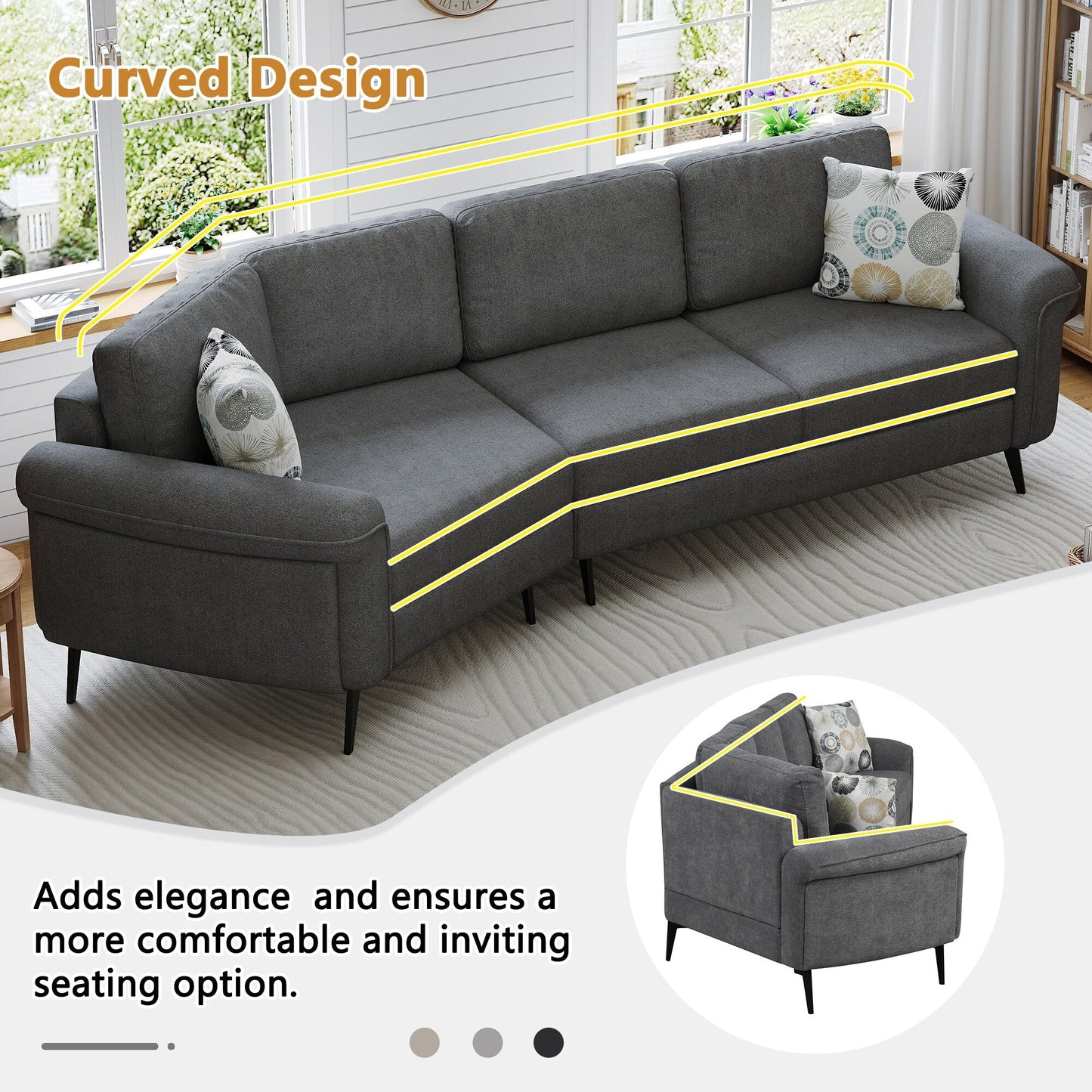 111 3 Seater Sofa Couch, Chenille Curved Sofa Couch with 2 Printed Pillows Modern Upholstered Sofa for Living Room