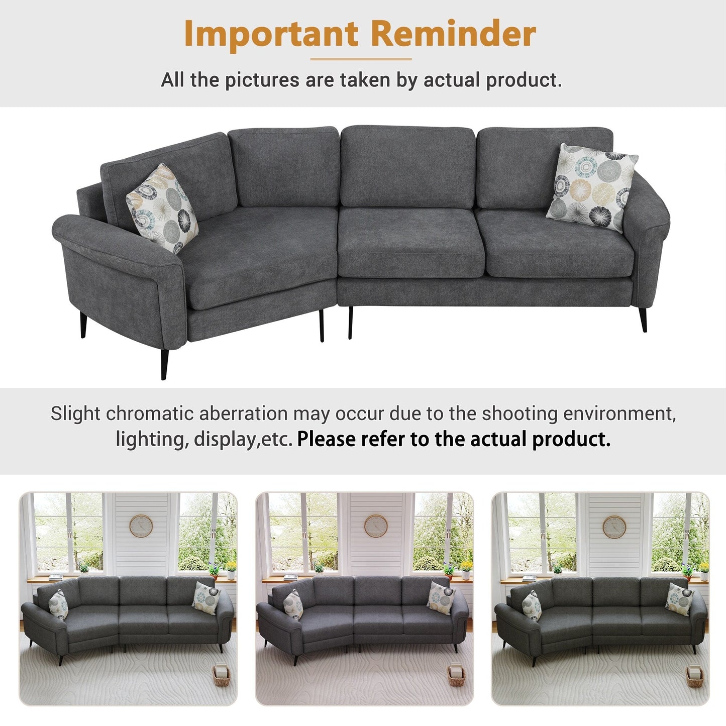111 3 Seater Sofa Couch, Chenille Curved Sofa Couch with 2 Printed Pillows Modern Upholstered Sofa for Living Room