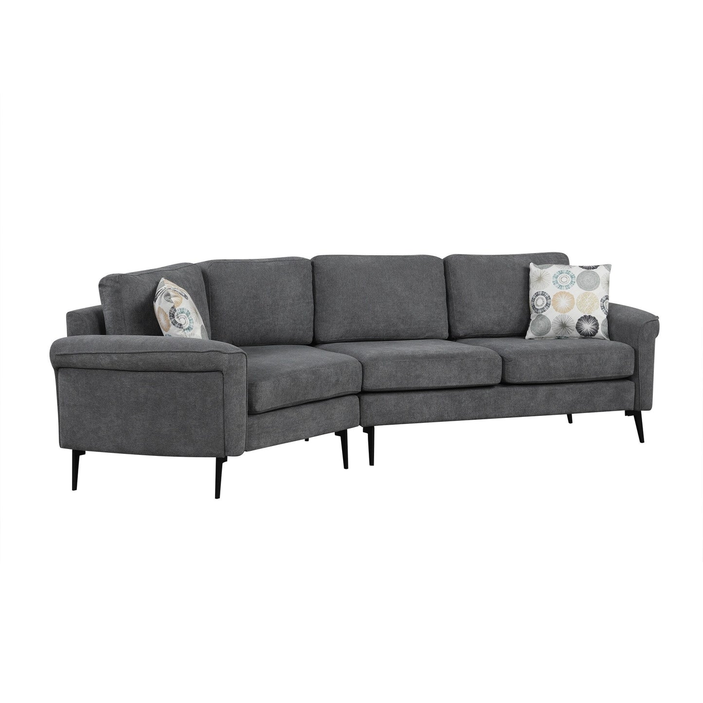 111 3 Seater Sofa Couch, Chenille Curved Sofa Couch with 2 Printed Pillows Modern Upholstered Sofa for Living Room