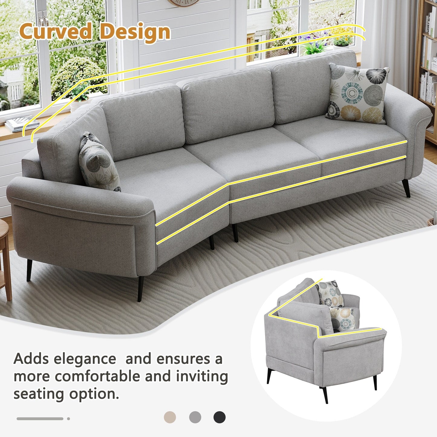 111 3 Seater Sofa Couch, Chenille Curved Sofa Couch with 2 Printed Pillows Modern Upholstered Sofa for Living Room