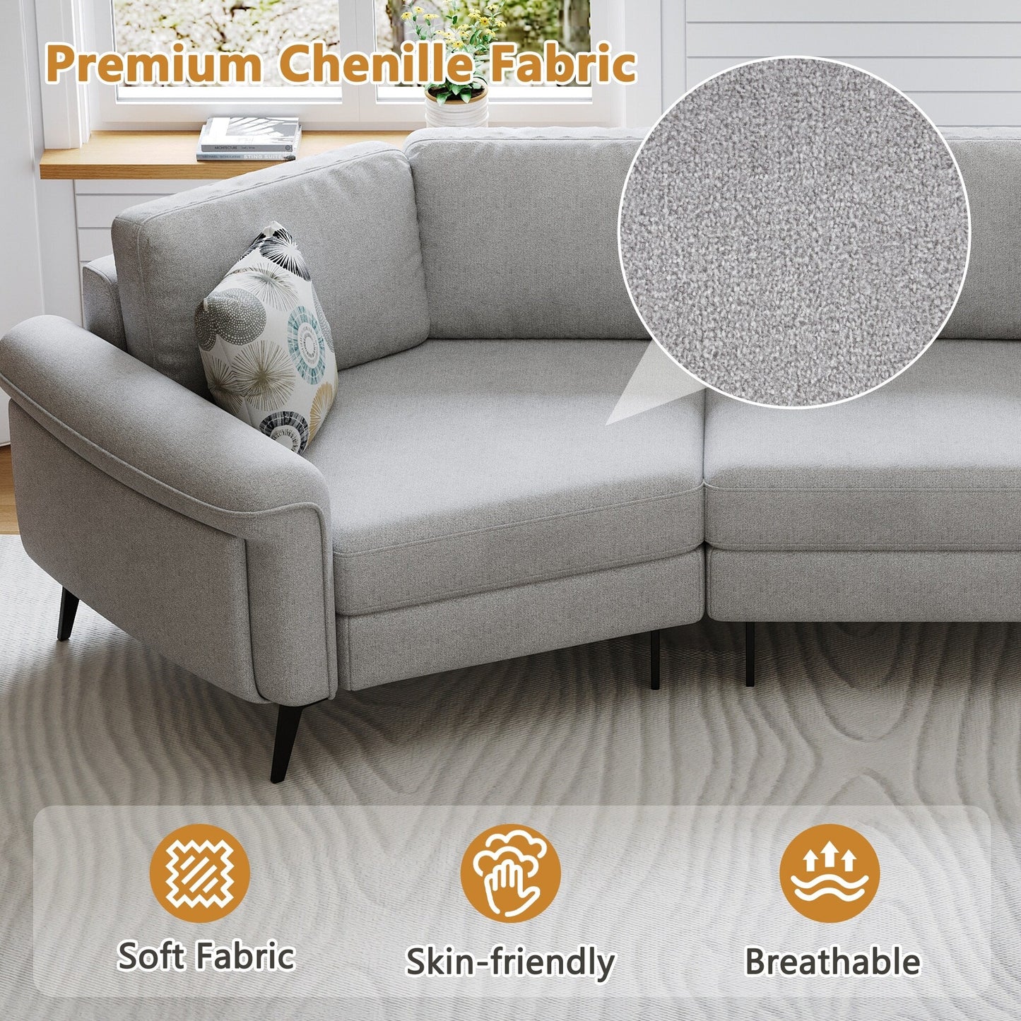 111 3 Seater Sofa Couch, Chenille Curved Sofa Couch with 2 Printed Pillows Modern Upholstered Sofa for Living Room