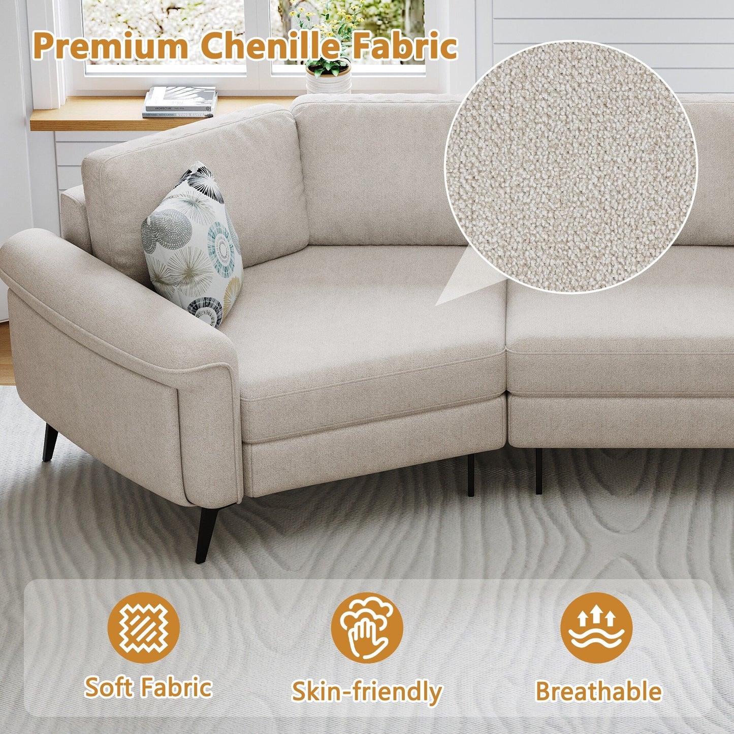 111 3 Seater Sofa Couch, Chenille Curved Sofa Couch with 2 Printed Pillows Modern Upholstered Sofa for Living Room