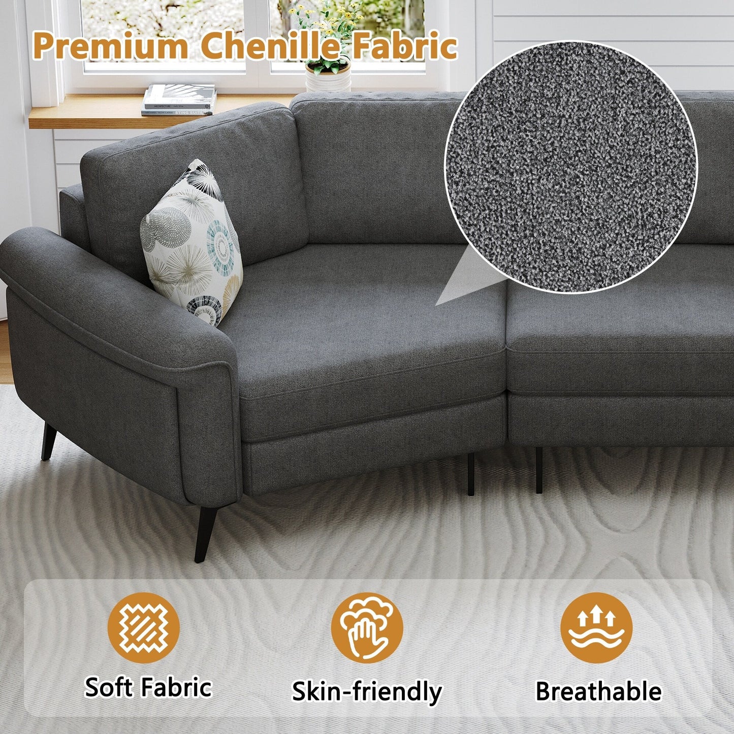 111 3 Seater Sofa Couch, Chenille Curved Sofa Couch with 2 Printed Pillows Modern Upholstered Sofa for Living Room