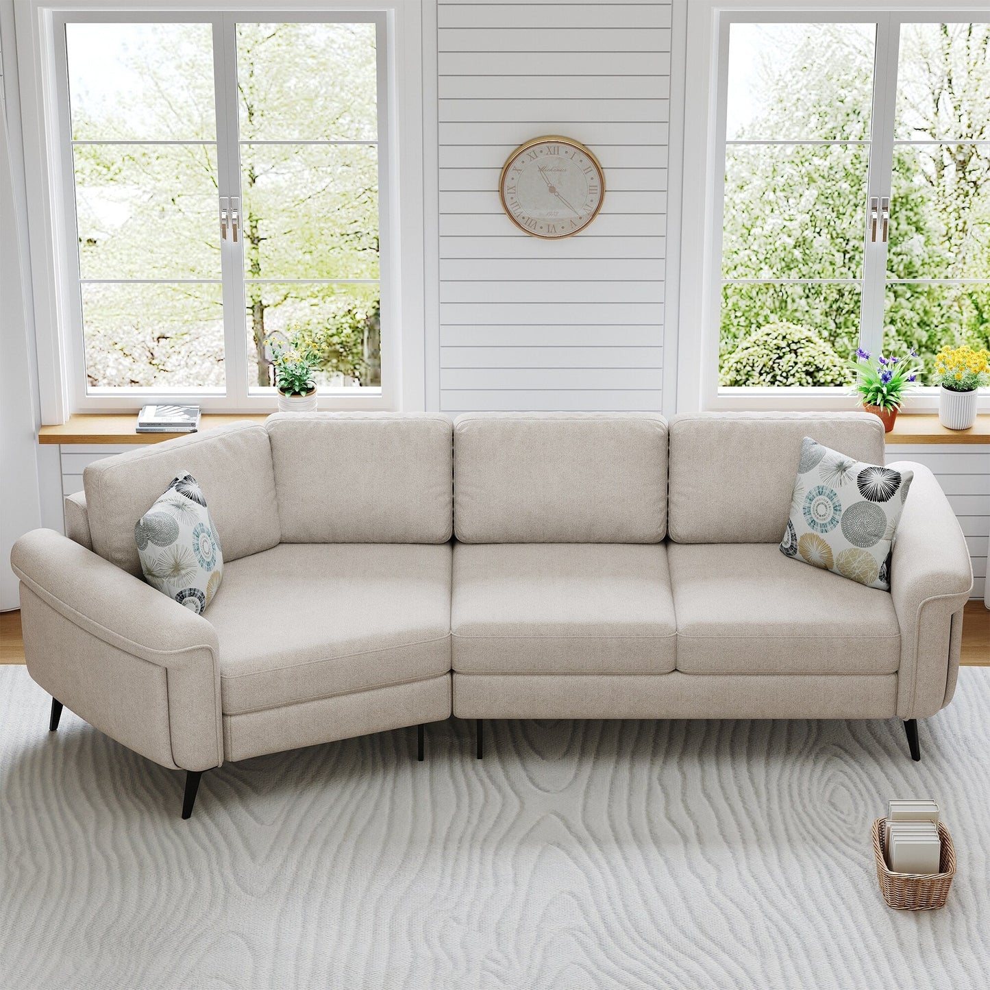 111 3 Seater Sofa Couch, Chenille Curved Sofa Couch with 2 Printed Pillows Modern Upholstered Sofa for Living Room