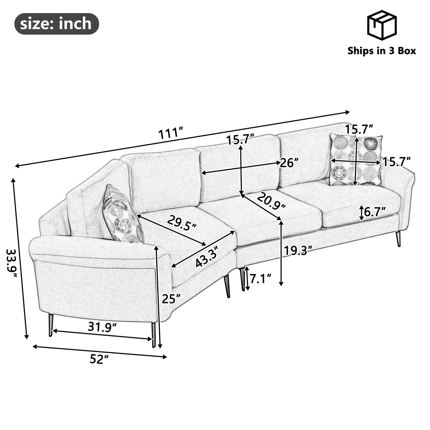 111 3 Seater Sofa Couch, Chenille Curved Sofa Couch with 2 Printed Pillows Modern Upholstered Sofa for Living Room