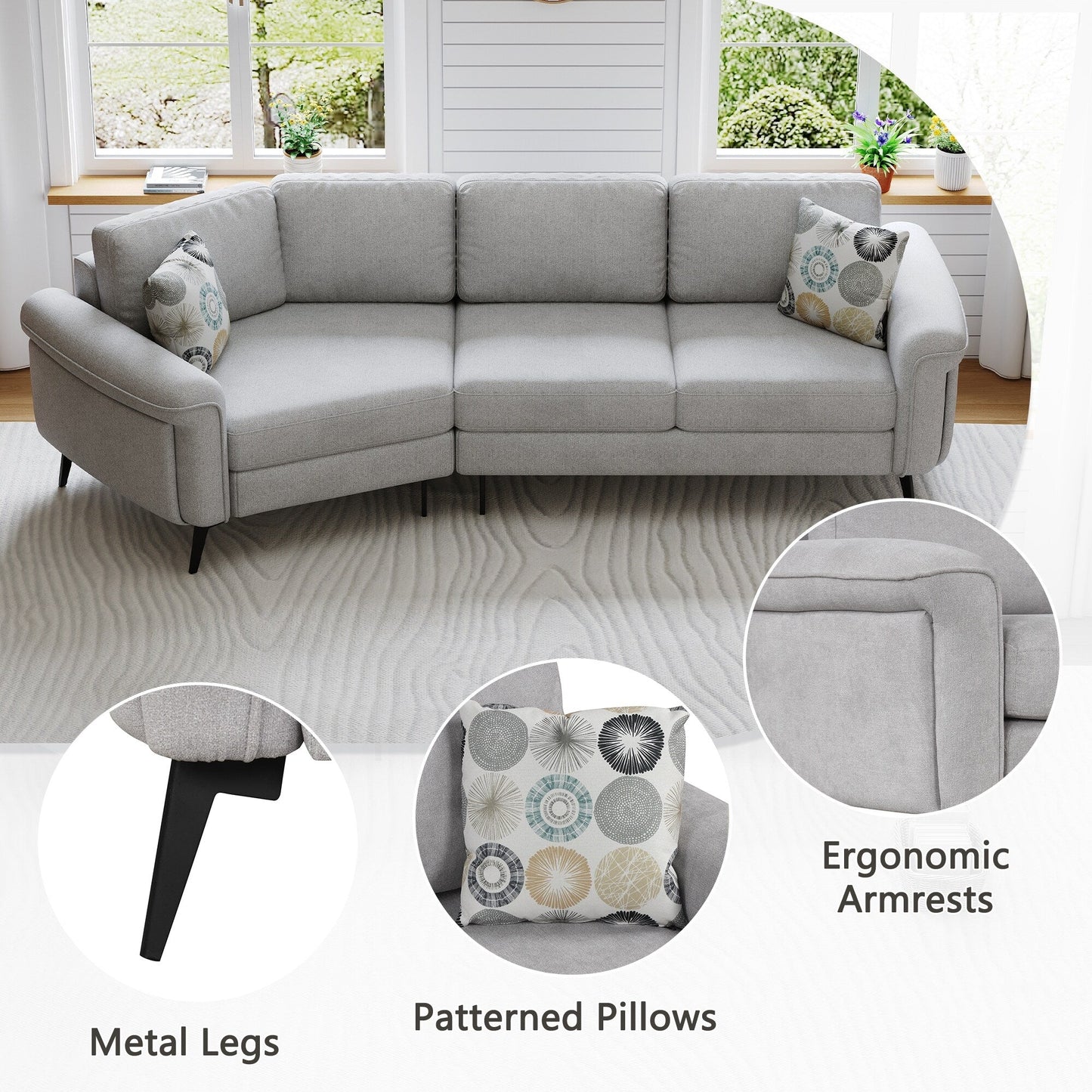 111 3 Seater Sofa Couch, Chenille Curved Sofa Couch with 2 Printed Pillows Modern Upholstered Sofa for Living Room
