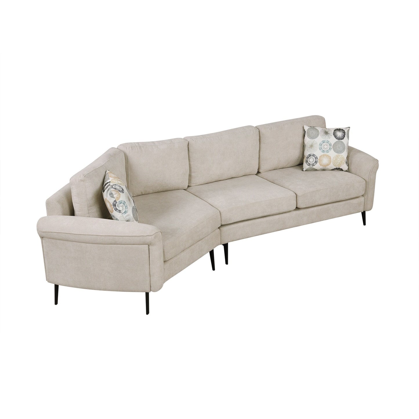 111 3 Seater Sofa Couch, Chenille Curved Sofa Couch with 2 Printed Pillows Modern Upholstered Sofa for Living Room