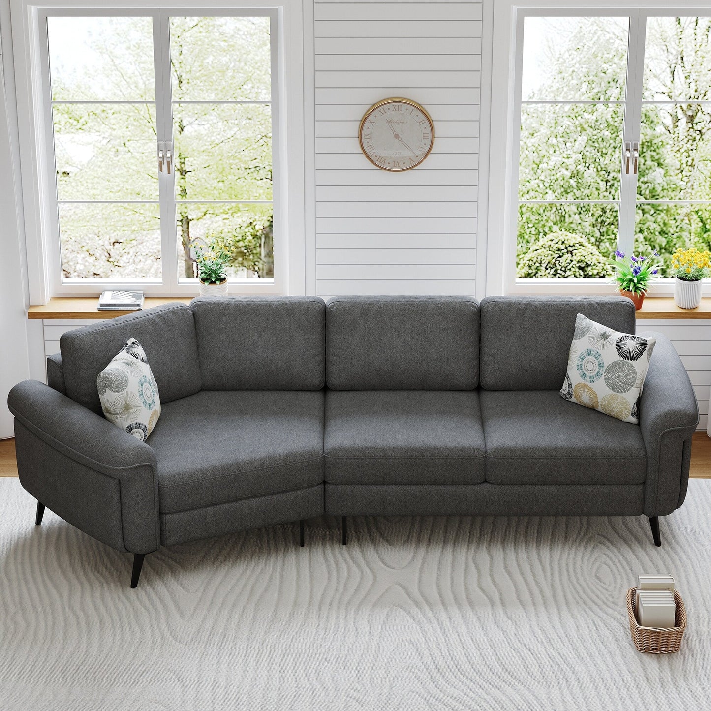 111 3 Seater Sofa Couch, Chenille Curved Sofa Couch with 2 Printed Pillows Modern Upholstered Sofa for Living Room