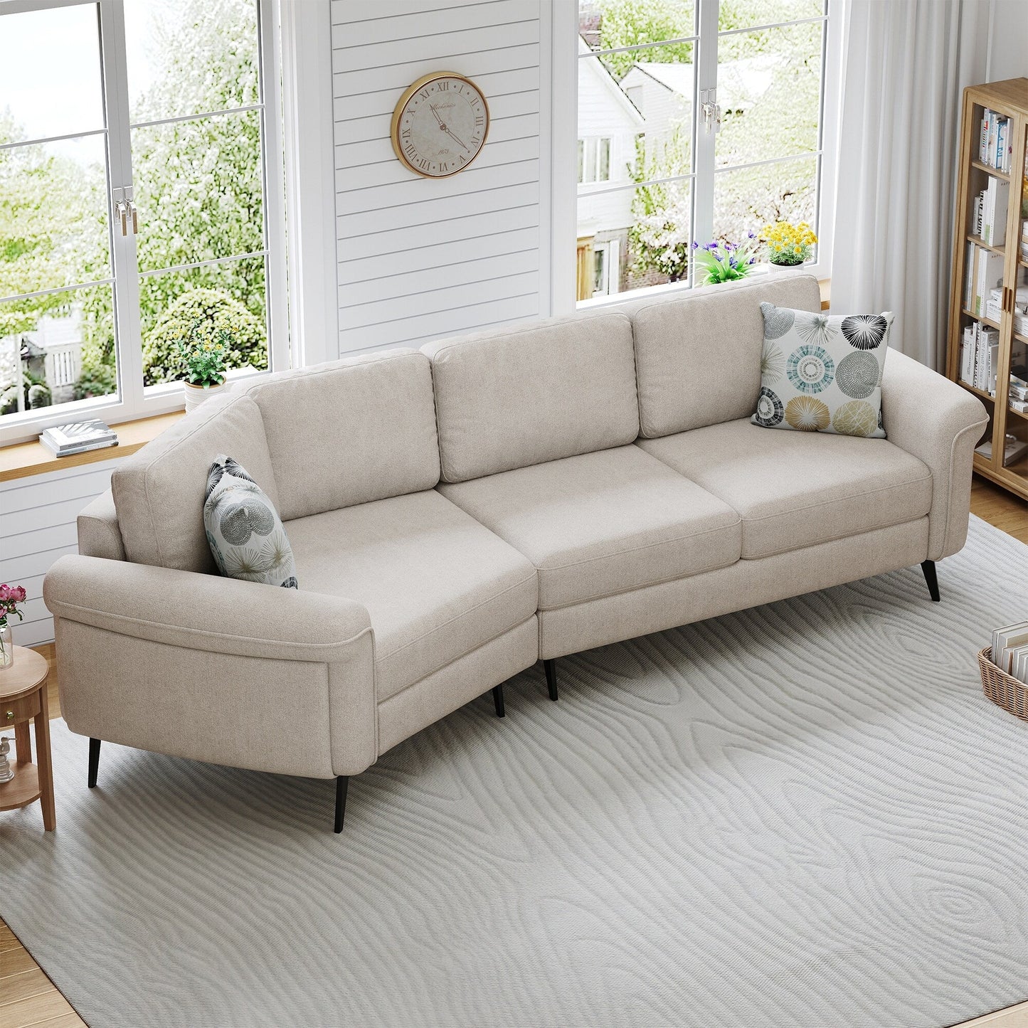 111 3 Seater Sofa Couch, Chenille Curved Sofa Couch with 2 Printed Pillows Modern Upholstered Sofa for Living Room