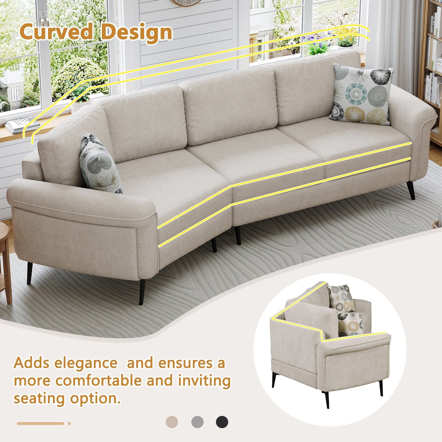 111 3 Seater Sofa Couch, Chenille Curved Sofa Couch with 2 Printed Pillows Modern Upholstered Sofa for Living Room