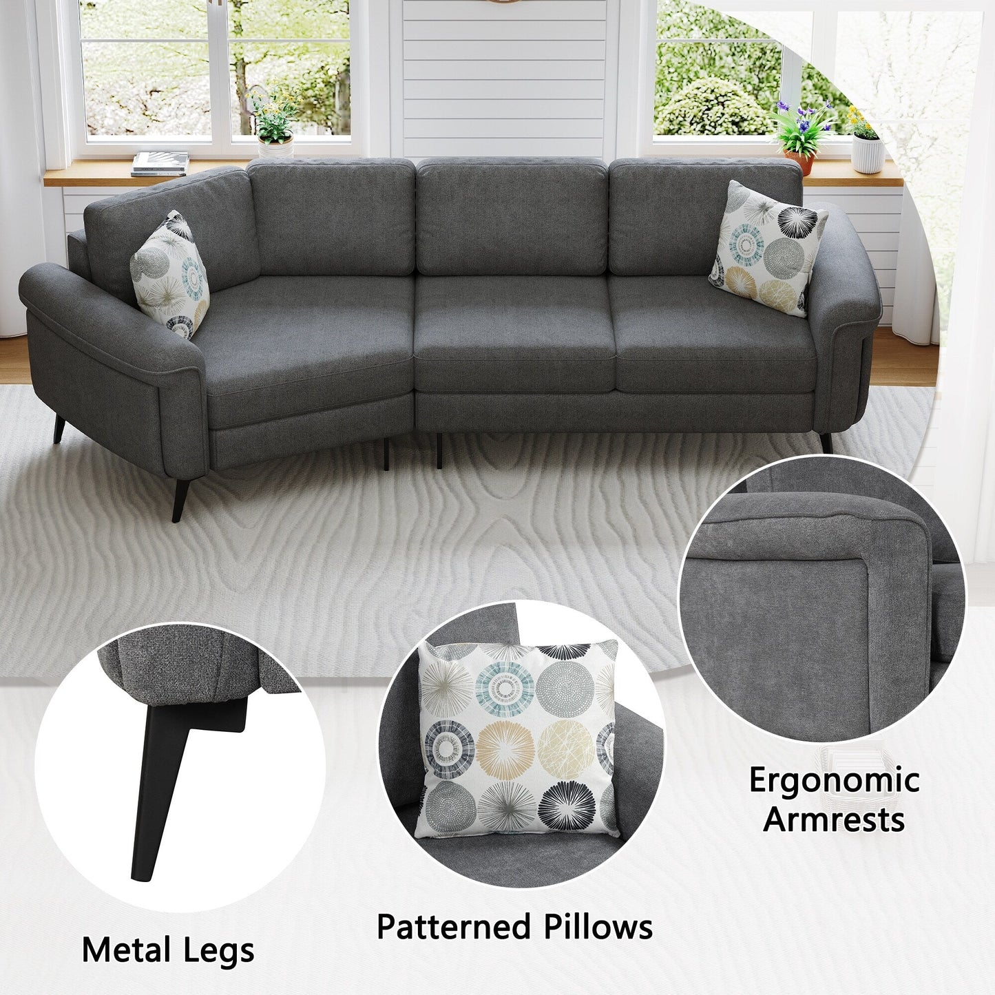 111 3 Seater Sofa Couch, Chenille Curved Sofa Couch with 2 Printed Pillows Modern Upholstered Sofa for Living Room