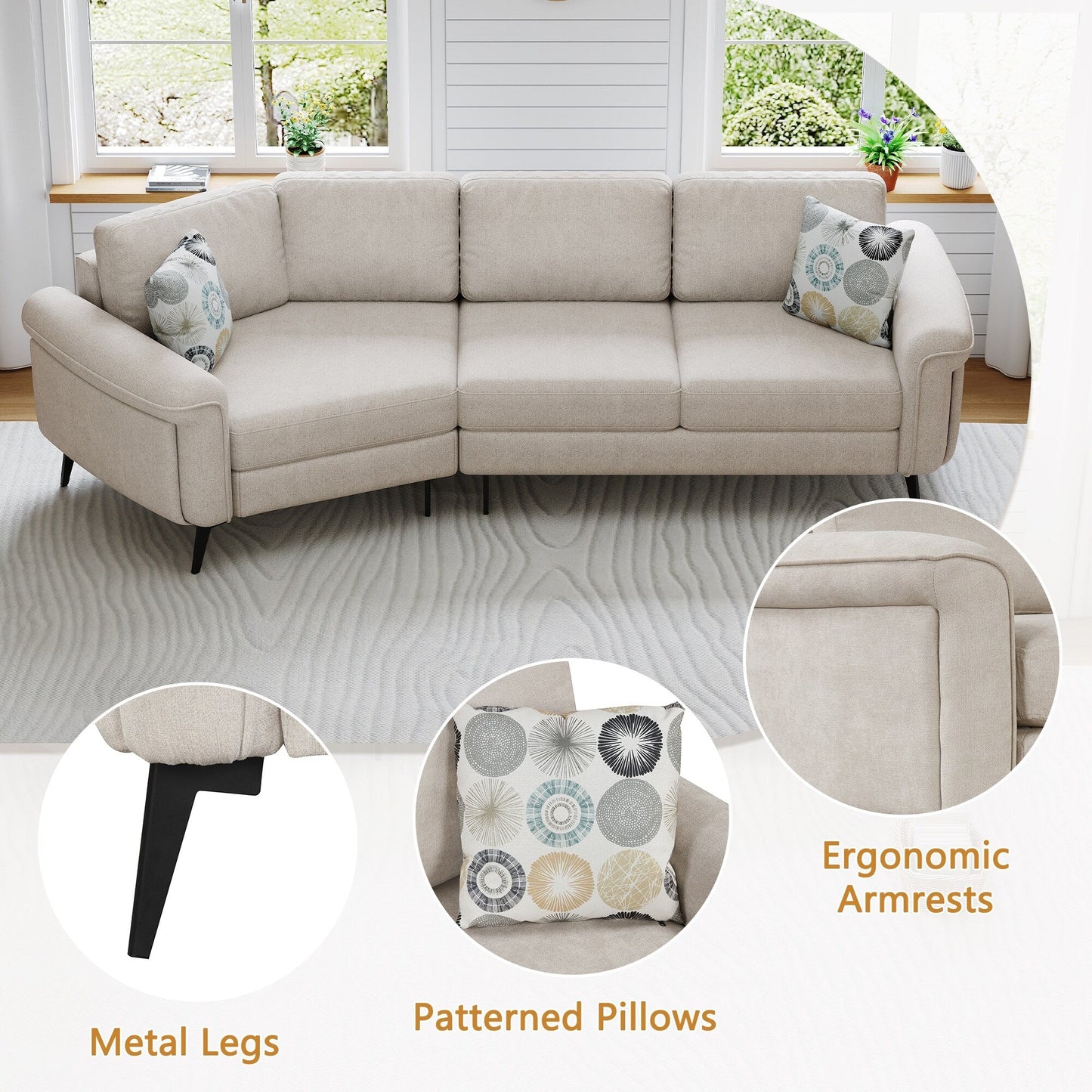 111 3 Seater Sofa Couch, Chenille Curved Sofa Couch with 2 Printed Pillows Modern Upholstered Sofa for Living Room