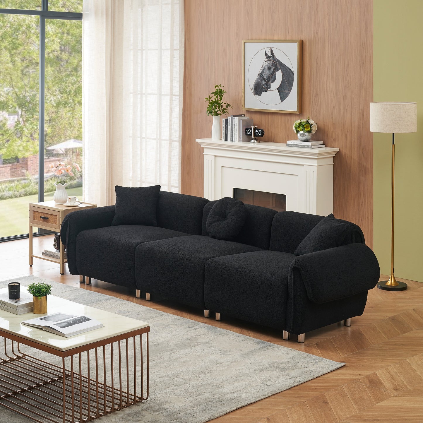 112'' 3-Sitzer-Sofa aus Teddystoff mit 3 Kissen, kratzfest mit weicher Polsterung und Metallbeinen