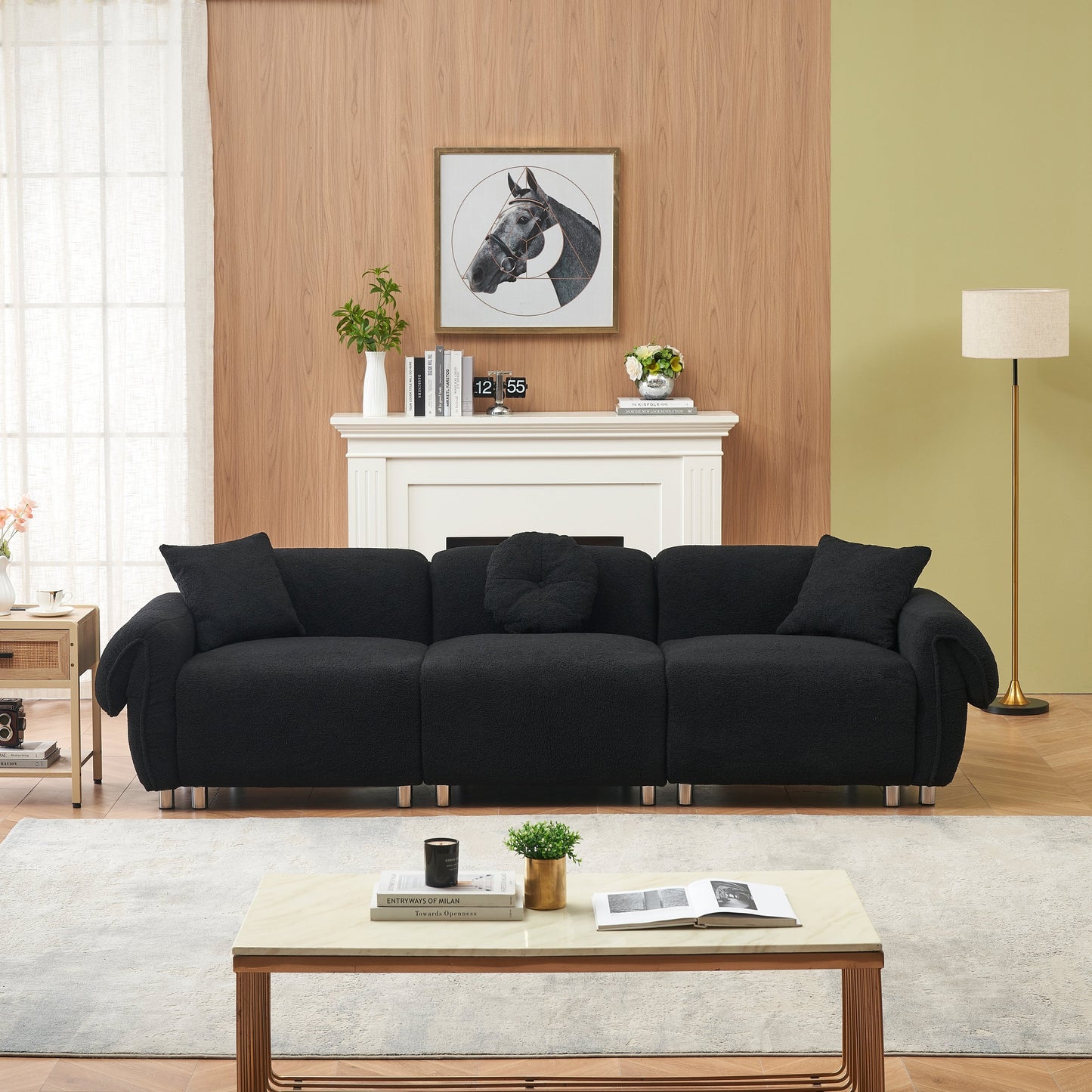 112'' 3-Sitzer-Sofa aus Teddystoff mit 3 Kissen, kratzfest mit weicher Polsterung und Metallbeinen
