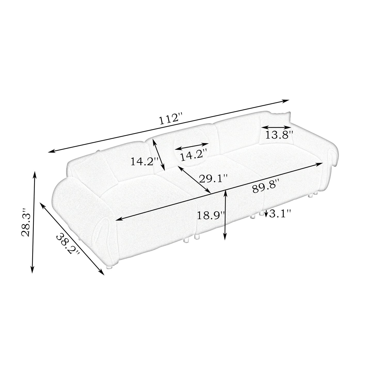 112'' 3-Sitzer-Sofa aus Teddystoff mit 3 Kissen, kratzfest mit weicher Polsterung und Metallbeinen