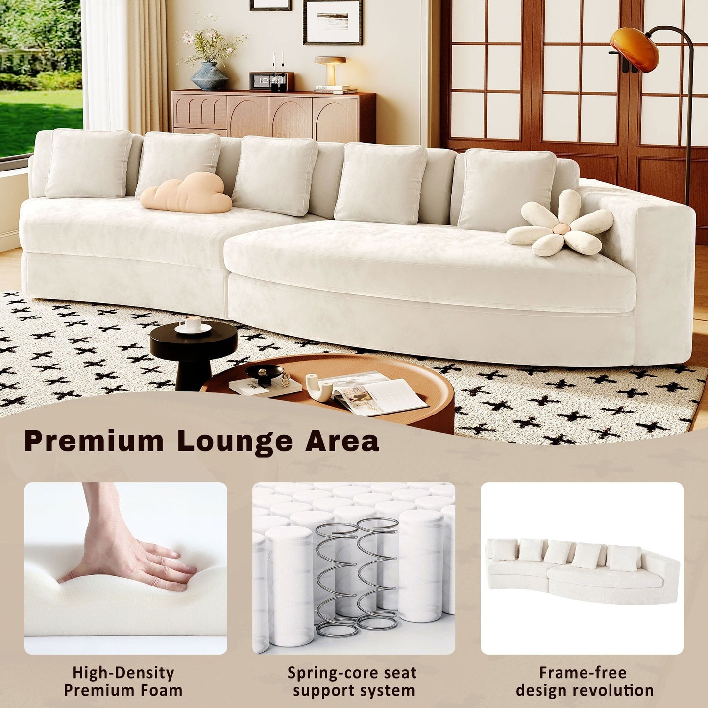 115.7 Pure Foam Modular Sofa, 2-Piece Set with 5 Cushions, 4-Seater, Chenille Jacquard Fabric, Curved Design