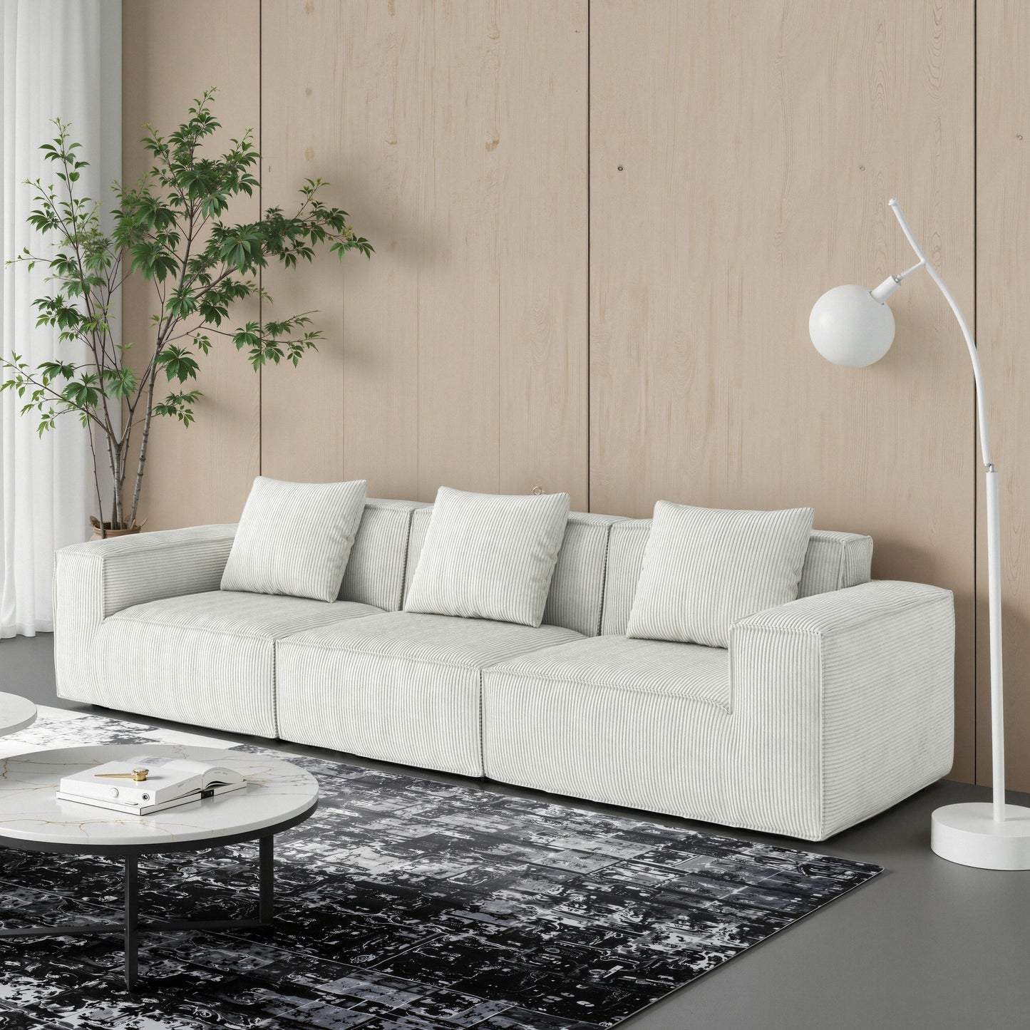 118 Inch Modular Convertible Sofa Bed 3 Seater White Corduroy Velvet
