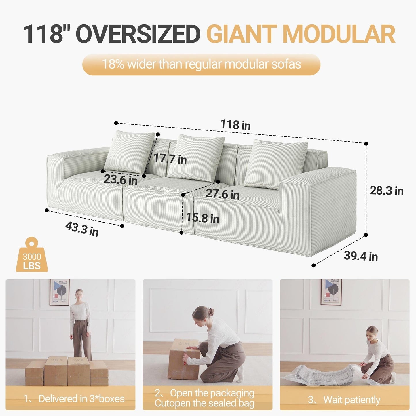 118 Inch Modular Convertible Sofa Bed 3 Seater White Corduroy Velvet