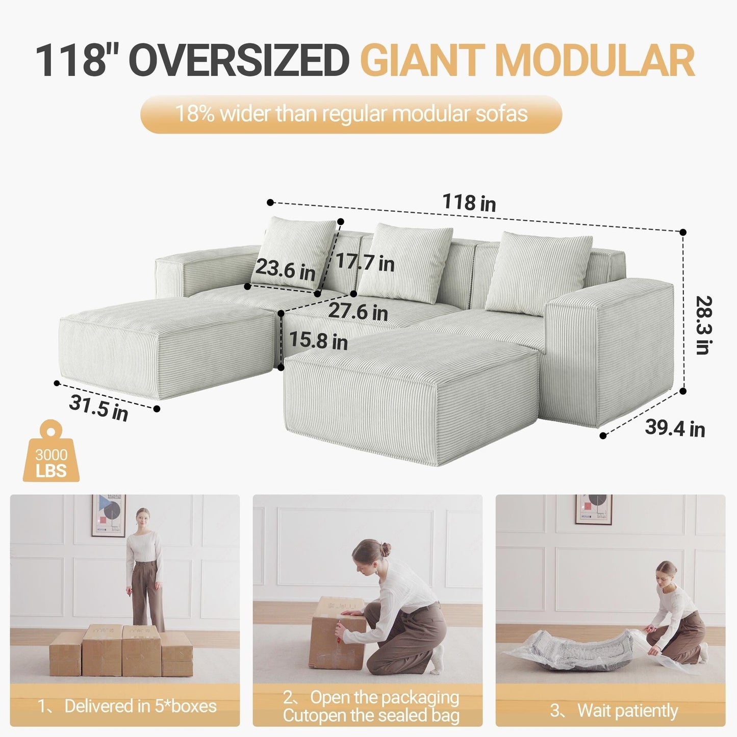 118 Inch Modular Convertible Sofa Bed 3-Seater with Footrests White Cloud Velvet