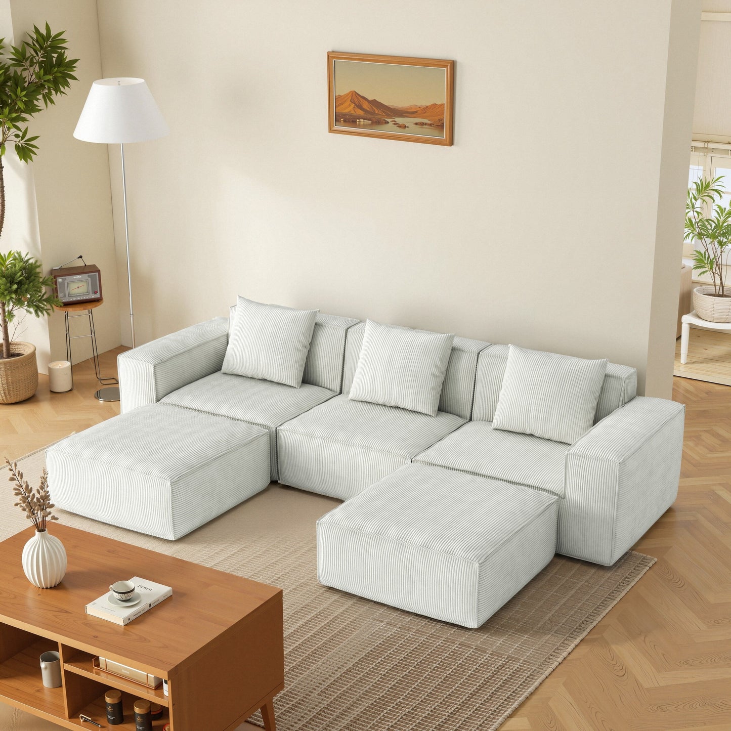 118 Inch Modular Convertible Sofa Bed 3-Seater with Footrests White Cloud Velvet