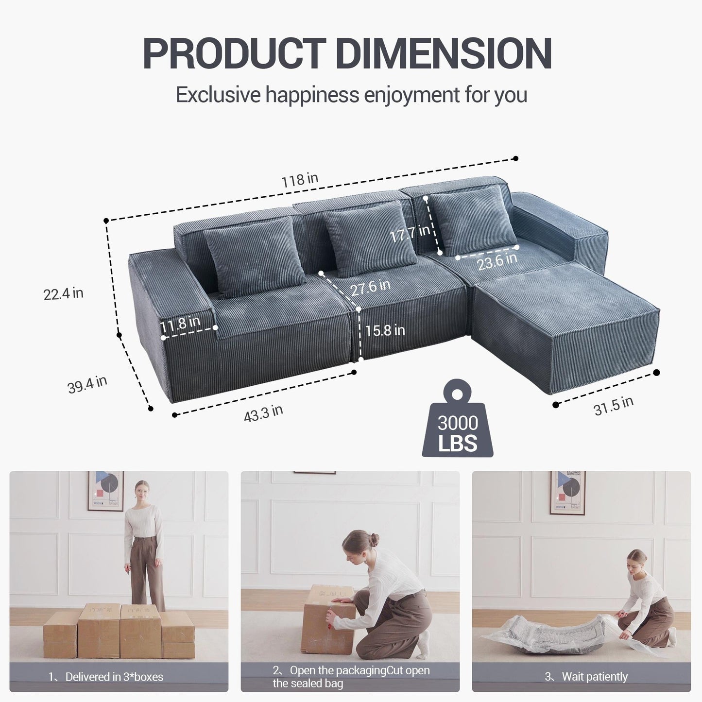 118 Inch Modular Sofa Bed Convertible 3 Seater with Footrest Gray Corduroy Velvet