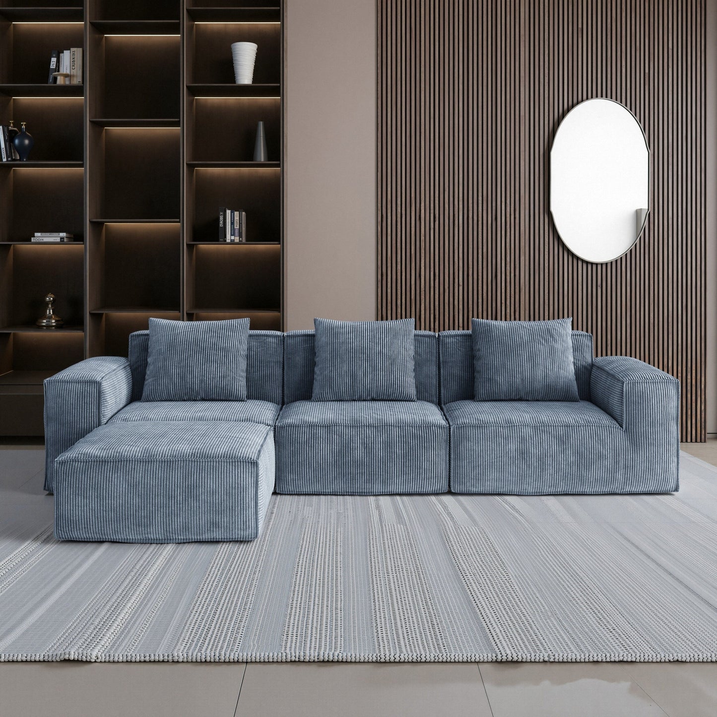 118 Inch Modular Sofa Bed Convertible 3 Seater with Footrest Gray Corduroy Velvet