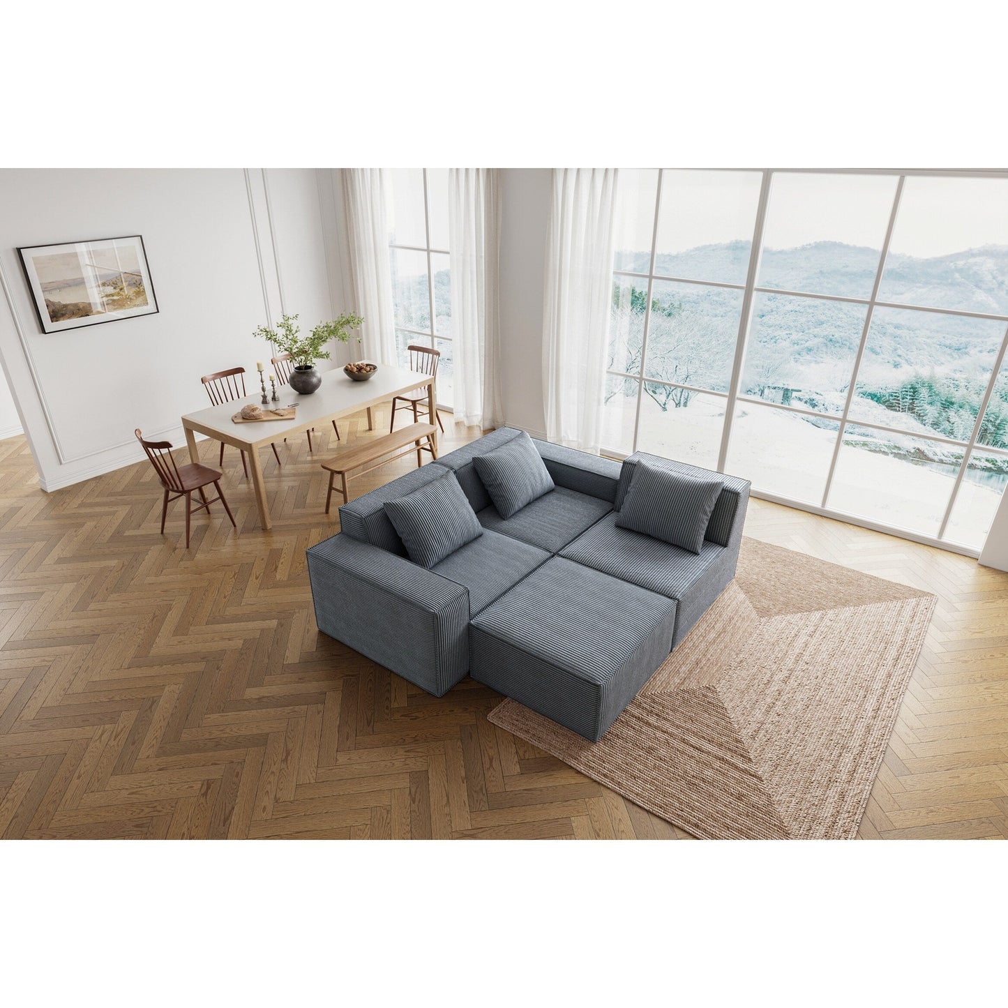 118 Inch Modular Sofa Bed Convertible 3 Seater with Footrest Gray Corduroy Velvet