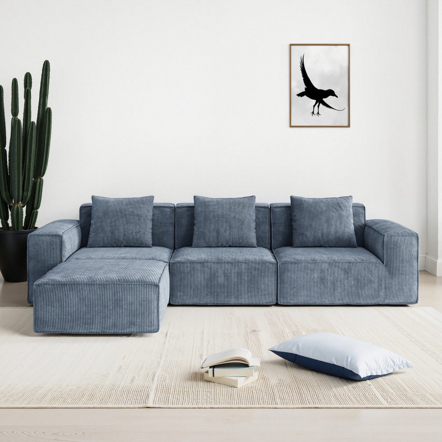 118 Inch Modular Sofa Bed Convertible 3 Seater with Footrest Gray Corduroy Velvet