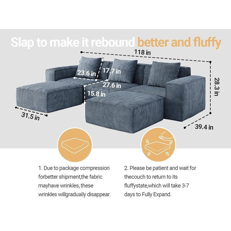 118 Inch Modular Sofa Bed Convertible to 3-Seater with Footrests Gray Corduroy Velvet