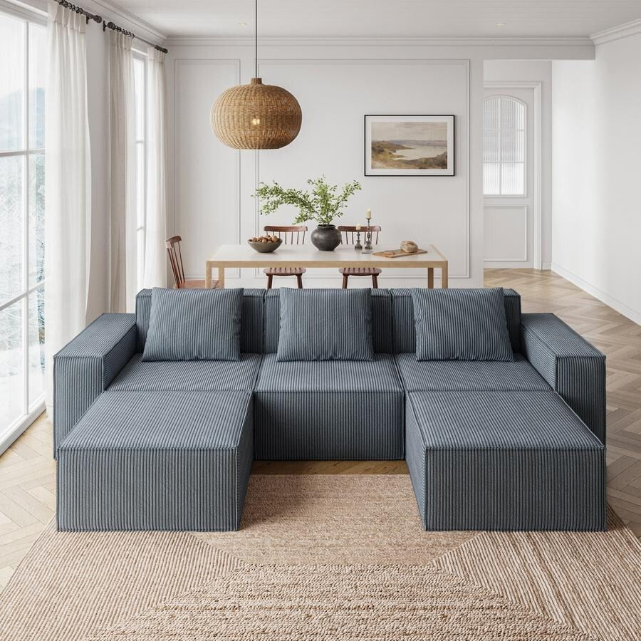 118 Inch Modular Sofa Bed Convertible to 3-Seater with Footrests Gray Corduroy Velvet