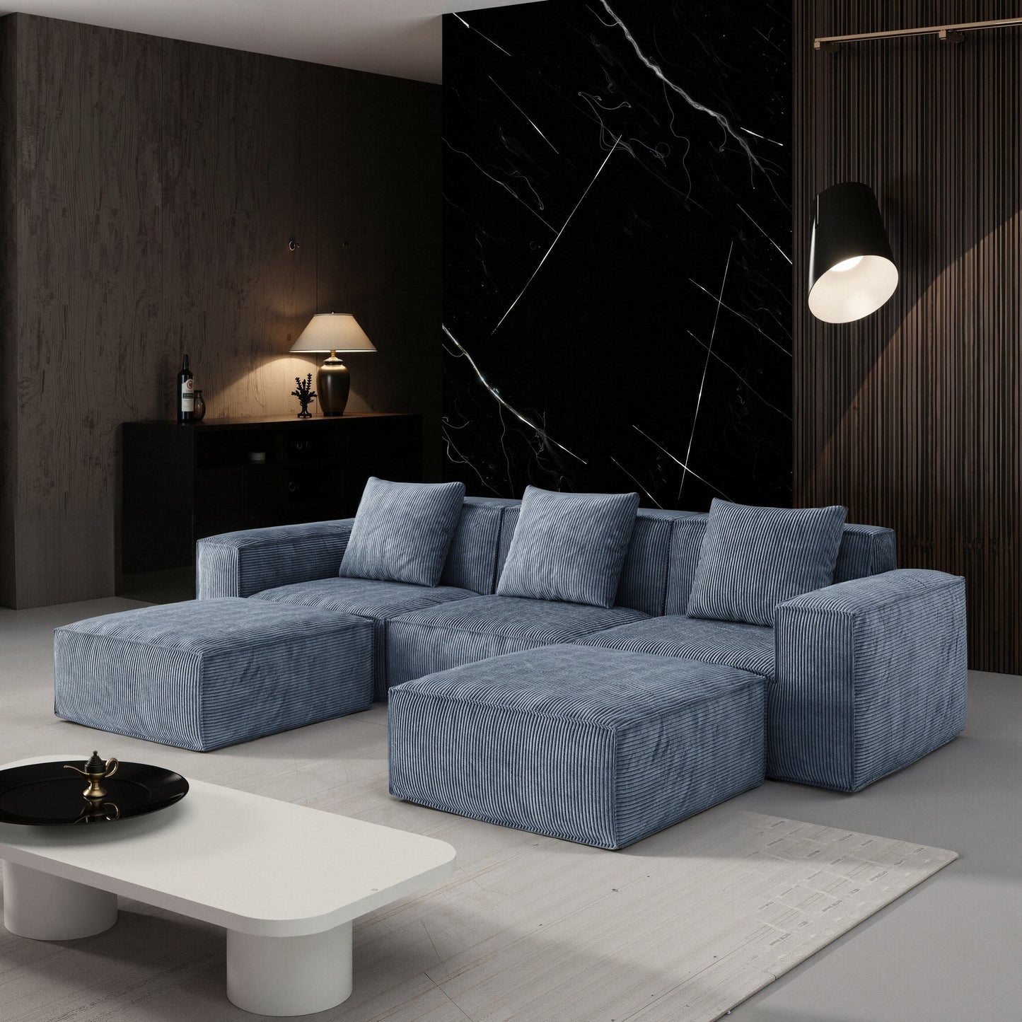 118 Inch Modular Sofa Bed Convertible to 3-Seater with Footrests Gray Corduroy Velvet