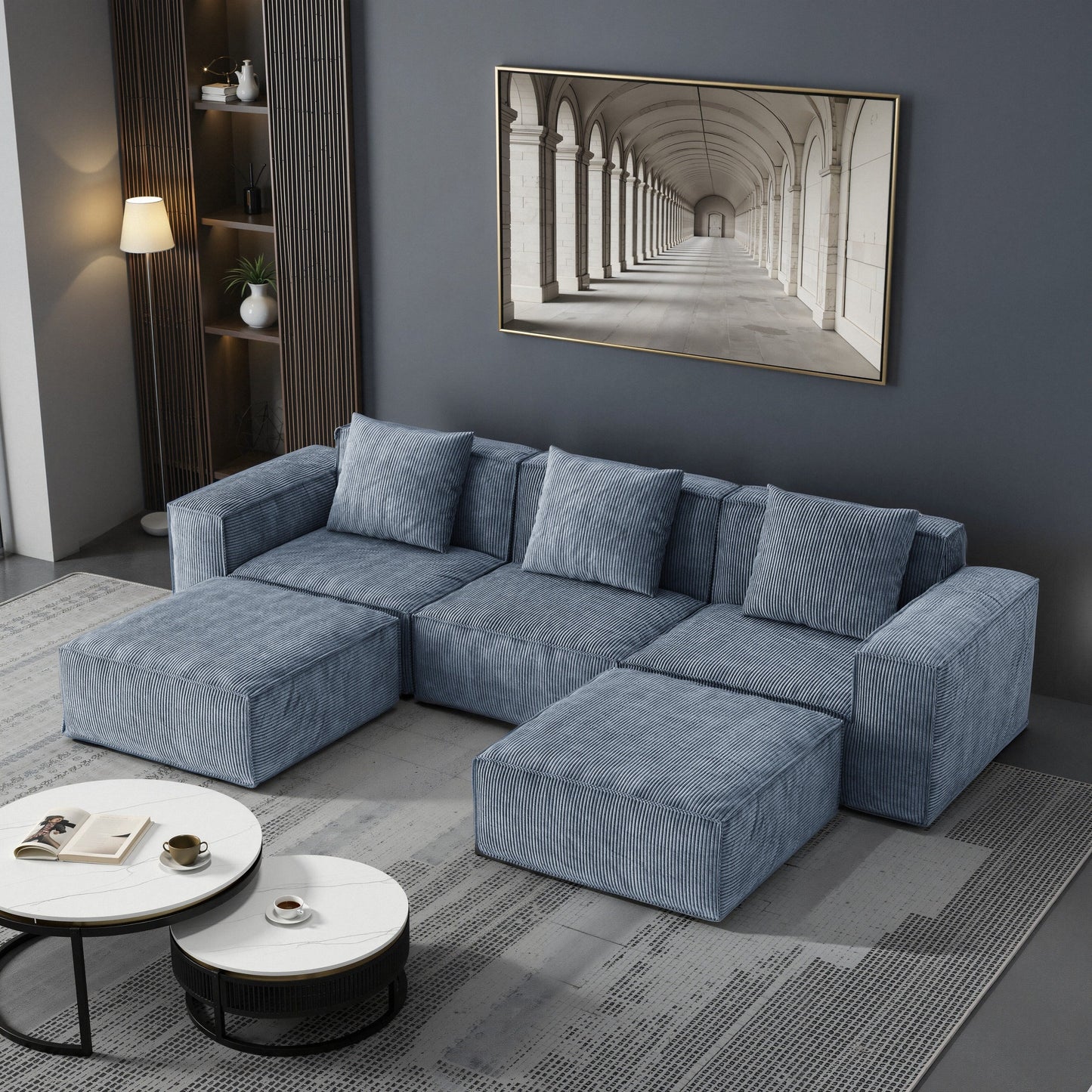 118 Inch Modular Sofa Bed Convertible to 3-Seater with Footrests Gray Corduroy Velvet