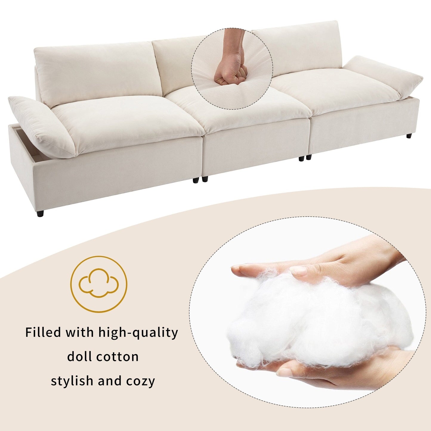 119.5 Large Polyester 3-seater Sofa with 2 Storage Units and Rubber Wood Legs for Living Room