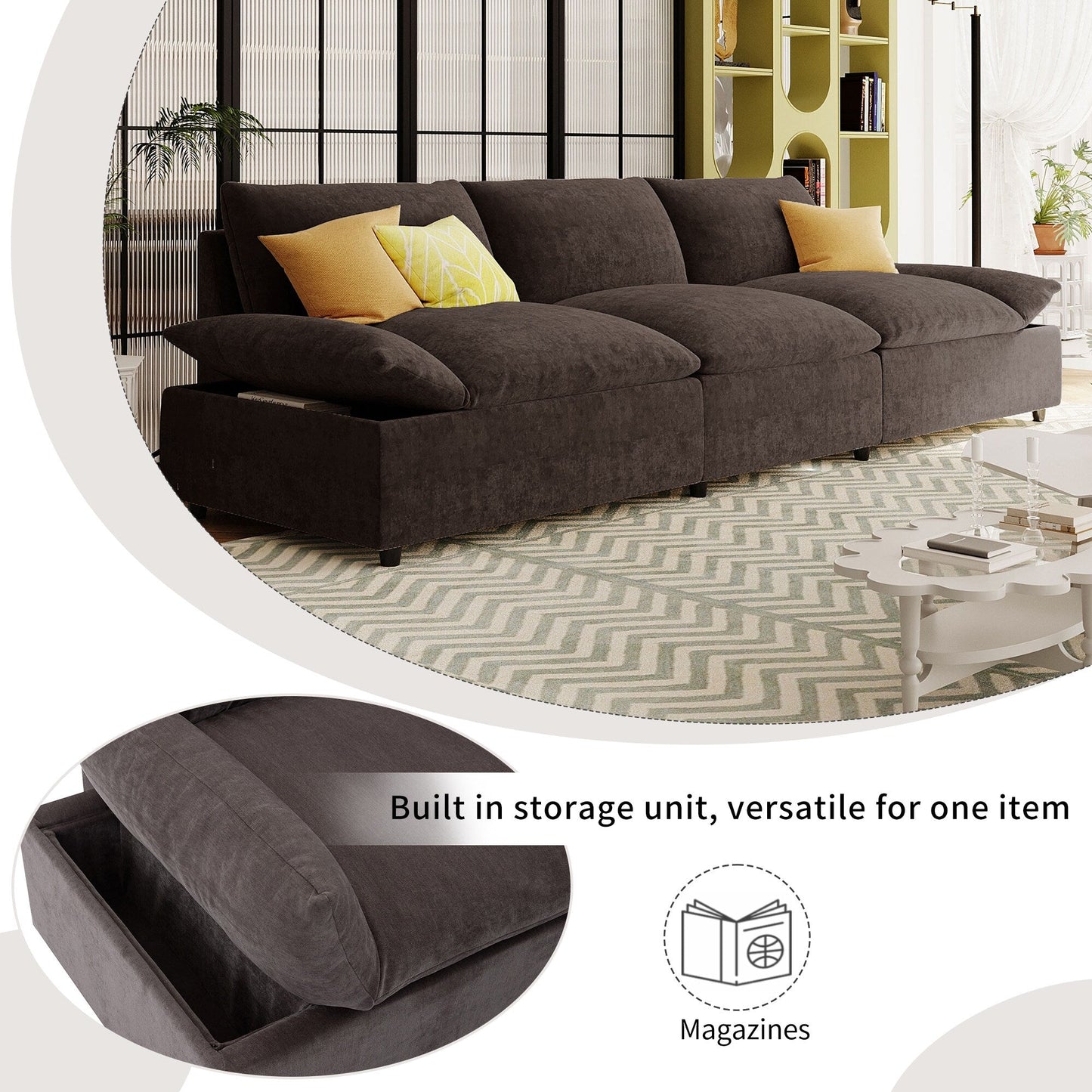 119.5 Large Polyester 3-seater Sofa with 2 Storage Units and Rubber Wood Legs for Living Room