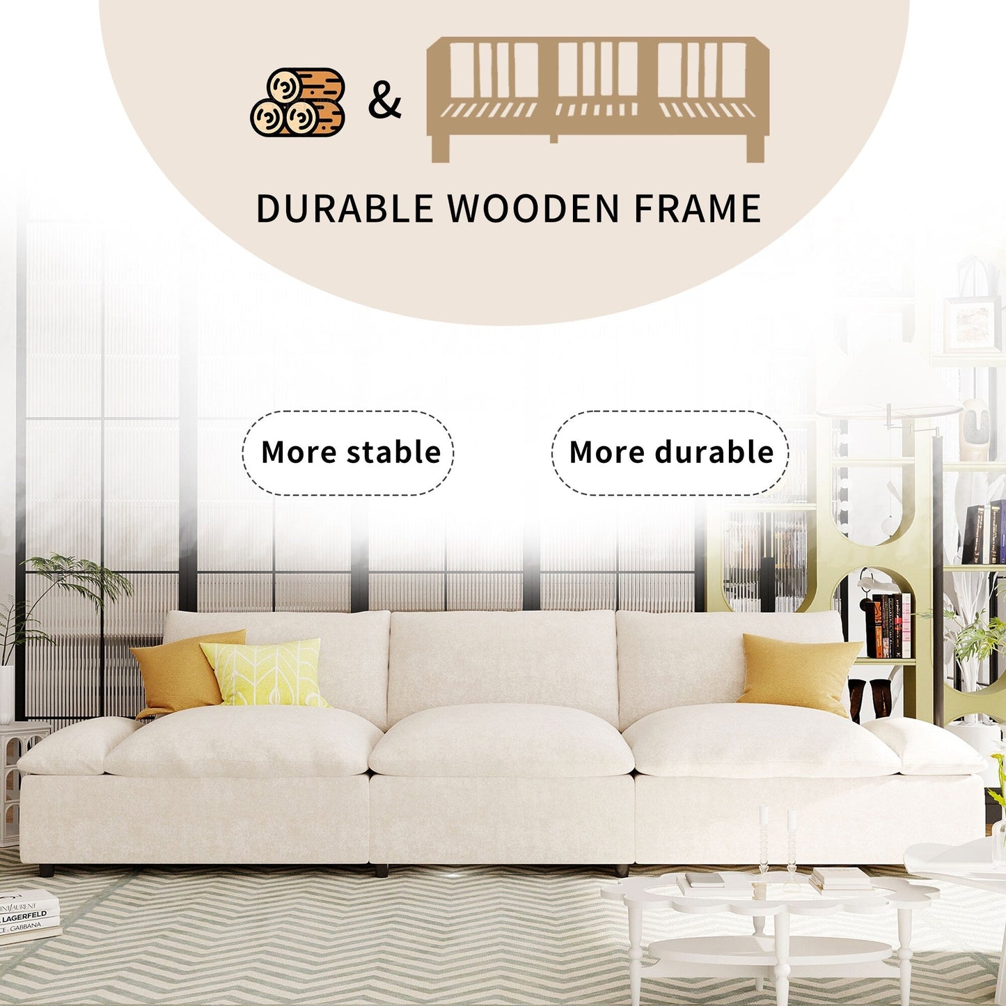 119.5 Large Polyester 3-seater Sofa with 2 Storage Units and Rubber Wood Legs for Living Room
