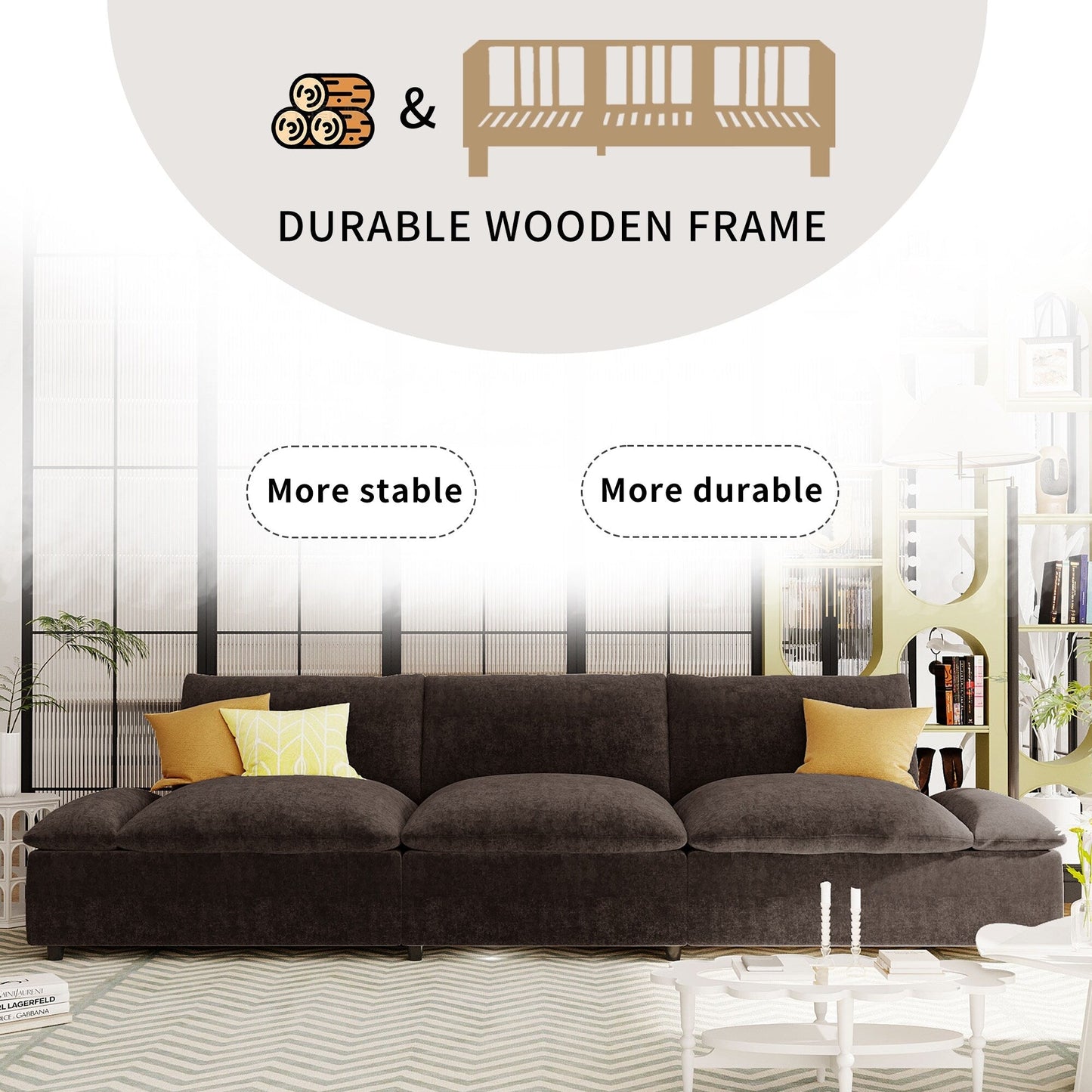 119.5 Large Polyester 3-seater Sofa with 2 Storage Units and Rubber Wood Legs for Living Room