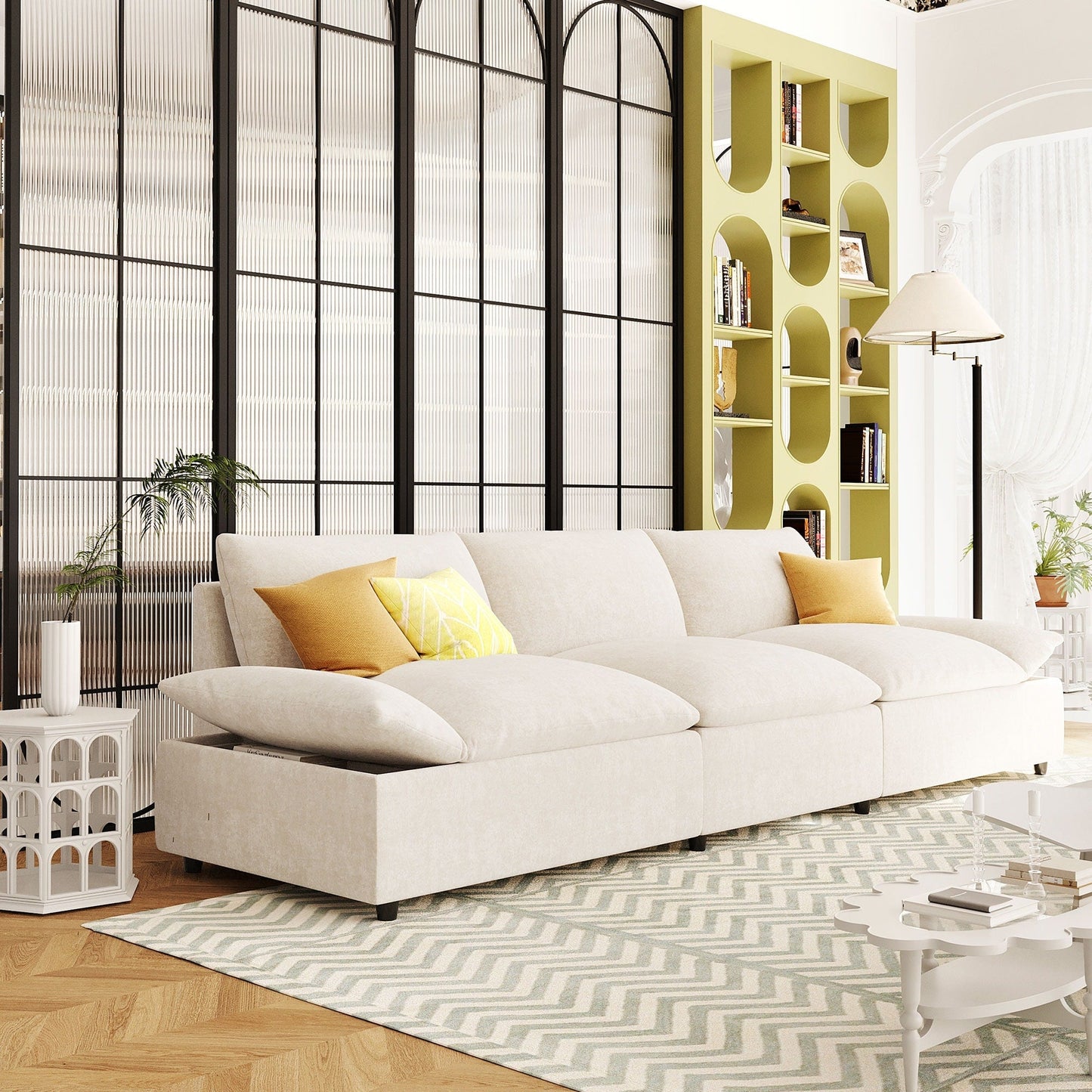 119.5 Large Polyester 3-seater Sofa with 2 Storage Units and Rubber Wood Legs for Living Room