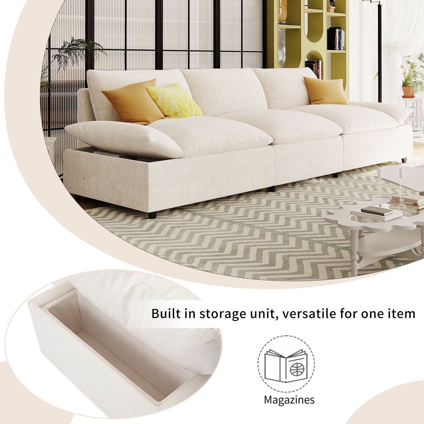119.5 Large Polyester 3-seater Sofa with 2 Storage Units and Rubber Wood Legs for Living Room