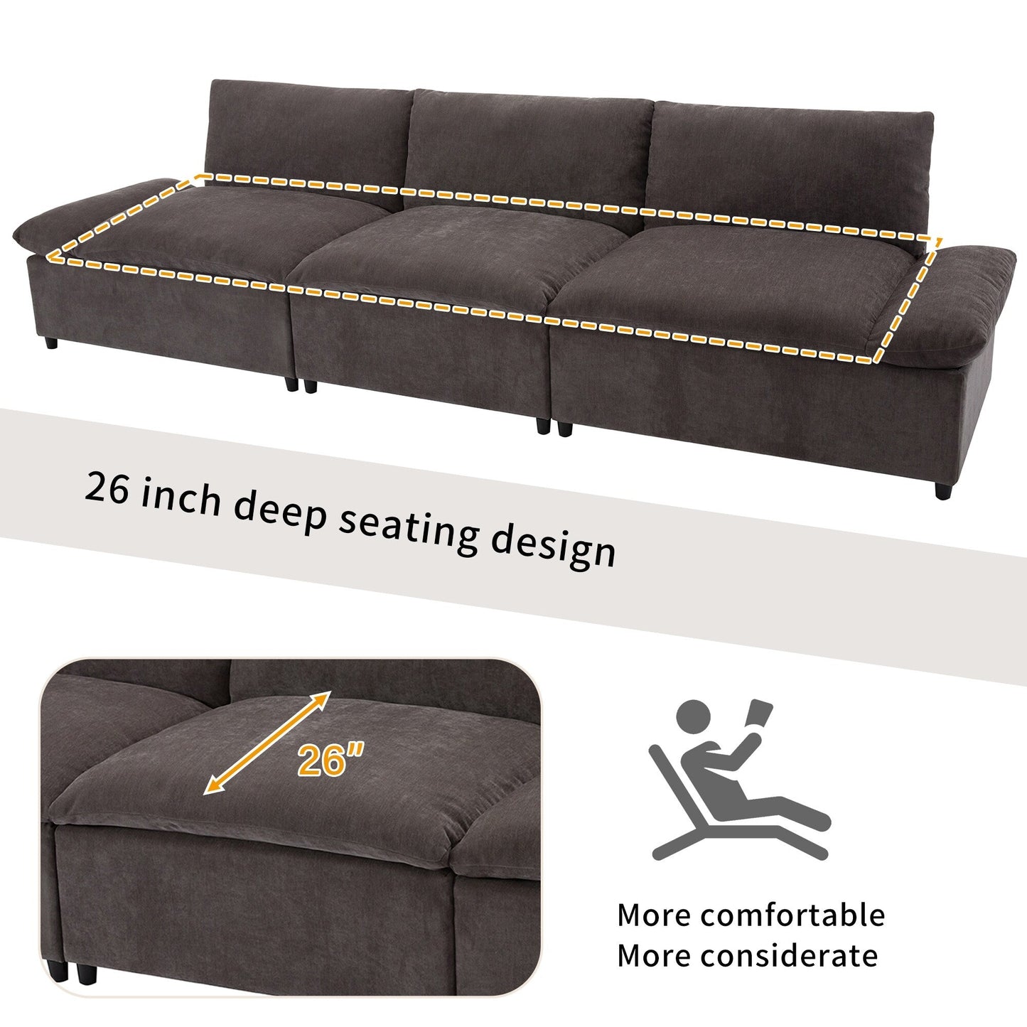 119.5 Large Polyester 3-seater Sofa with 2 Storage Units and Rubber Wood Legs for Living Room