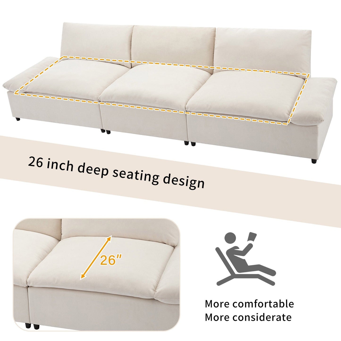 119.5 Large Polyester 3-seater Sofa with 2 Storage Units and Rubber Wood Legs for Living Room