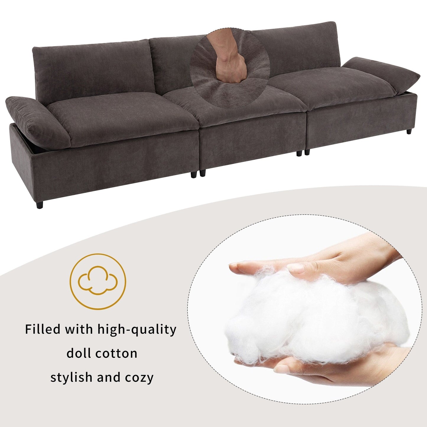 119.5 Large Polyester 3-seater Sofa with 2 Storage Units and Rubber Wood Legs for Living Room