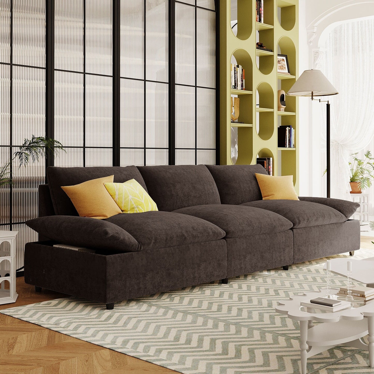 119.5 Large Polyester 3-seater Sofa with 2 Storage Units and Rubber Wood Legs for Living Room