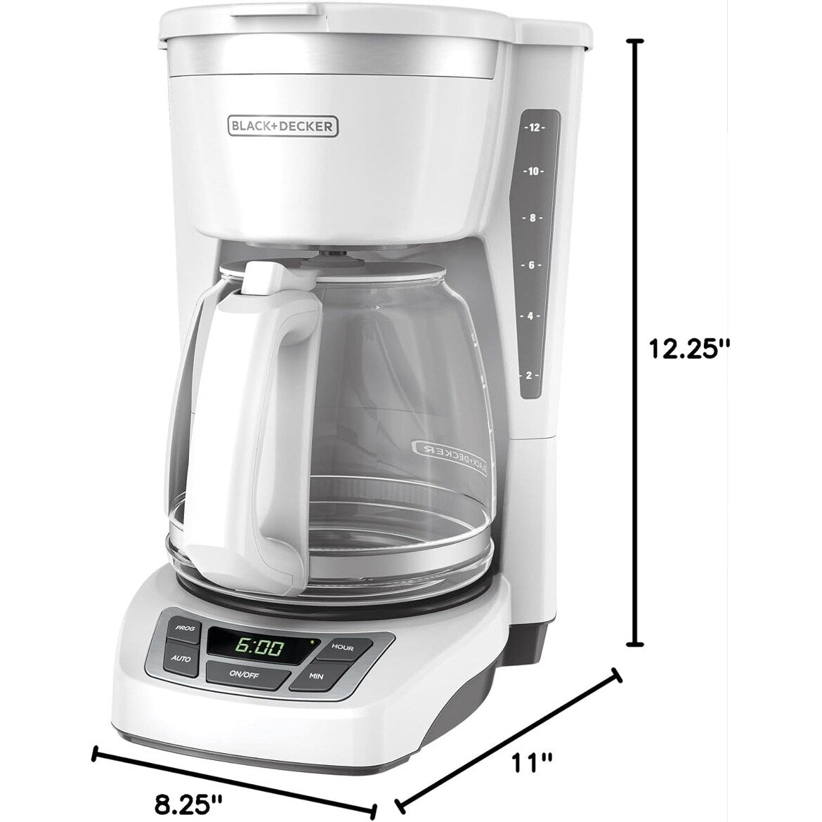 Digitale Kaffeemaschine für 12 Tassen, programmierbar, waschbarer Filter, Sneak-A-Cup, automatisches Brühen, Warmhalteplatte, weiß