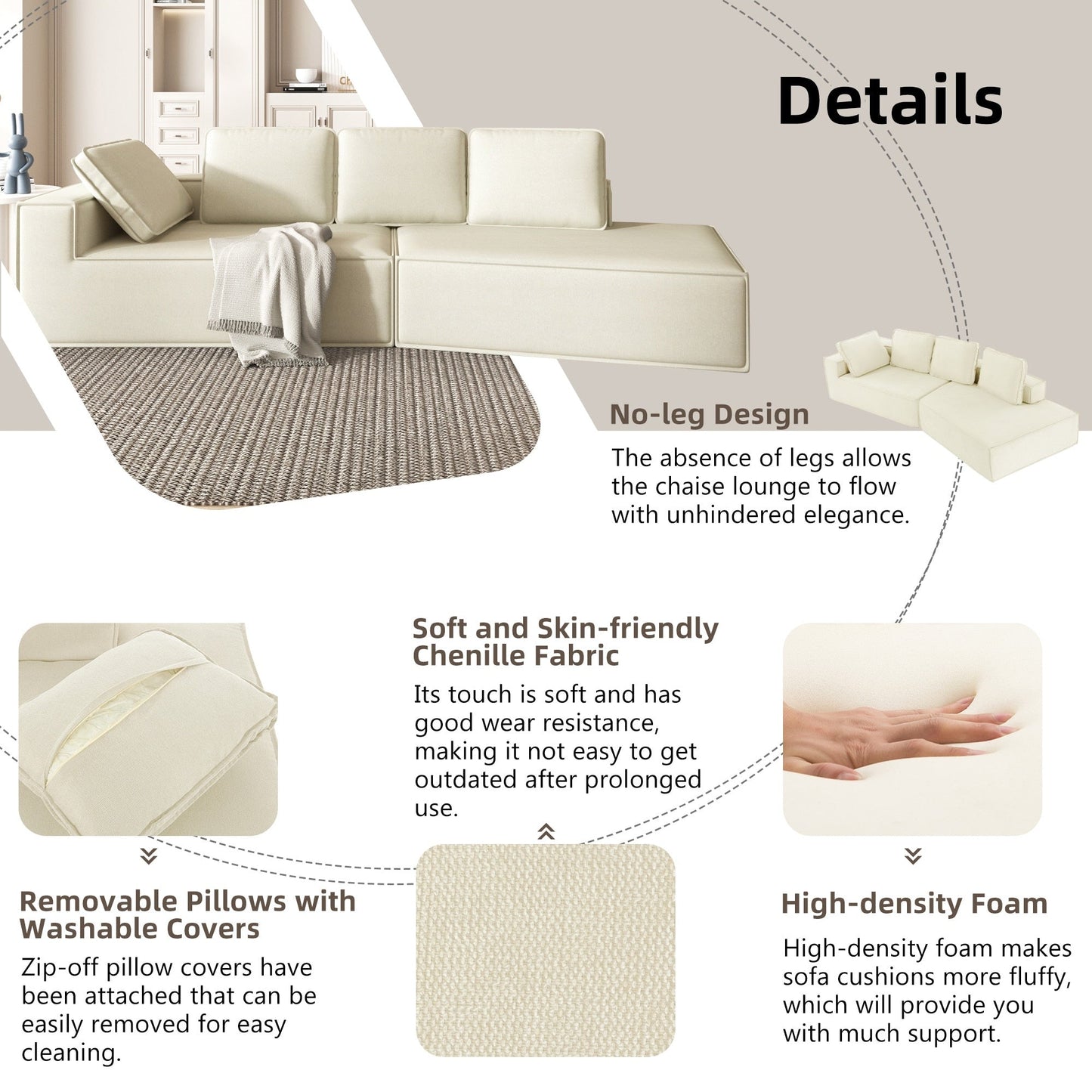 125 Stilvolle Chaiselongue, modernes Lounge-Sofa für den Innenbereich, Schlafsofa mit klaren Linien für das Wohnzimmer, Beige