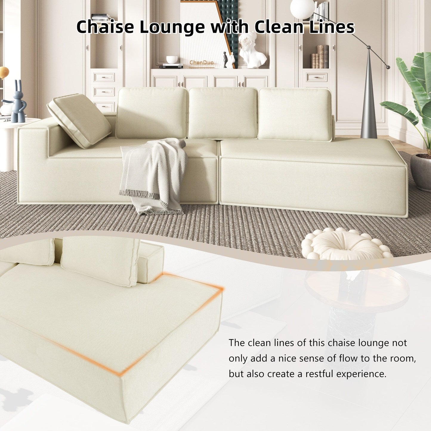 125 Stilvolle Chaiselongue, modernes Lounge-Sofa für den Innenbereich, Schlafsofa mit klaren Linien für das Wohnzimmer, Beige