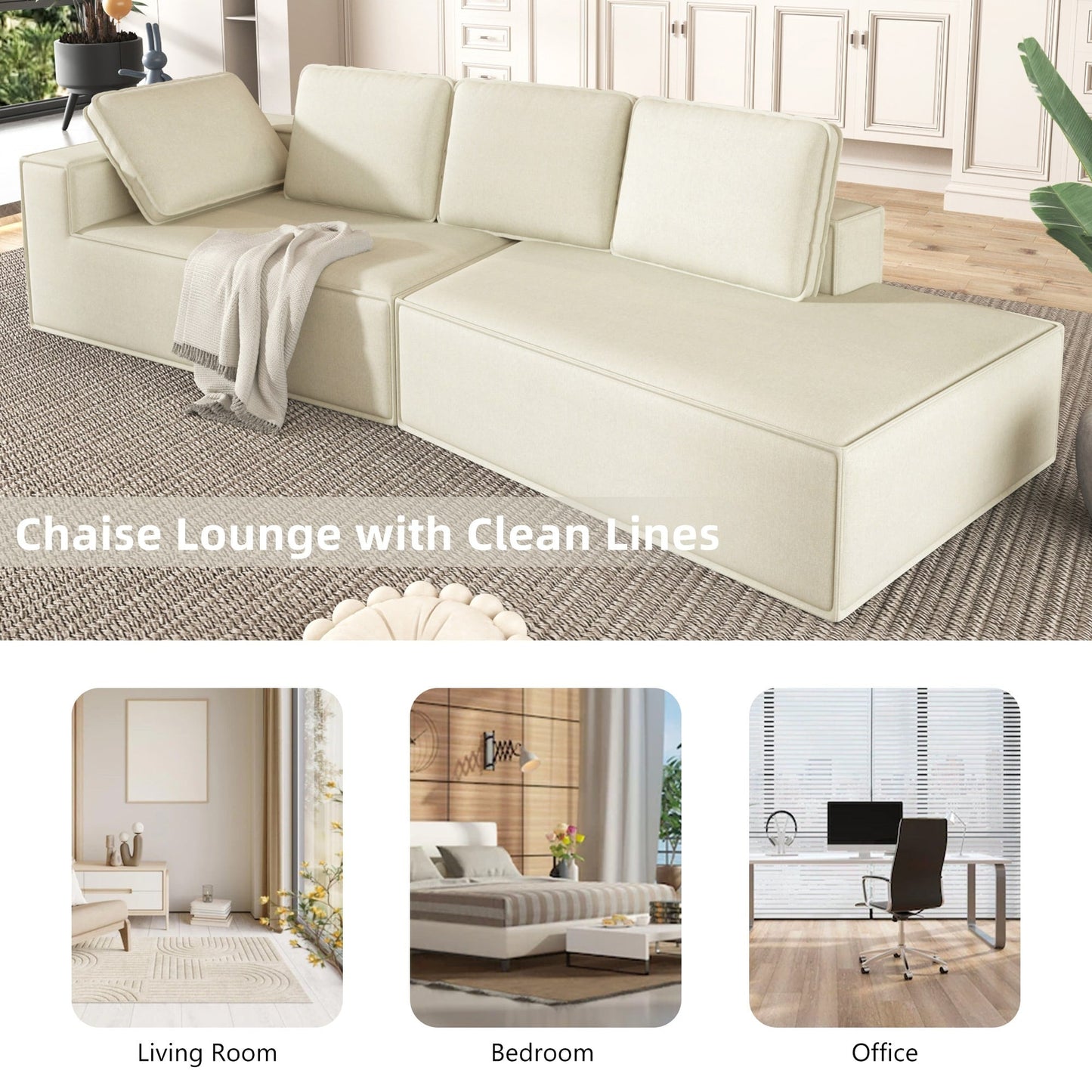 125 Stilvolle Chaiselongue, modernes Lounge-Sofa für den Innenbereich, Schlafsofa mit klaren Linien für das Wohnzimmer, Beige