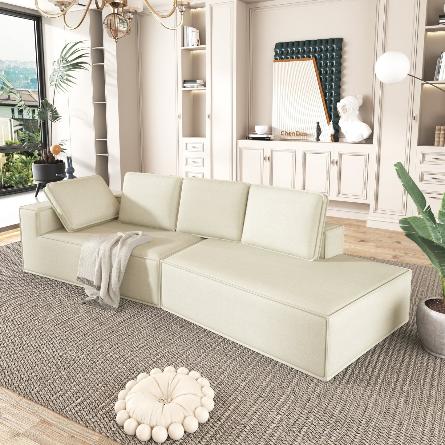 125 Stilvolle Chaiselongue, modernes Lounge-Sofa für den Innenbereich, Schlafsofa mit klaren Linien für das Wohnzimmer, Beige